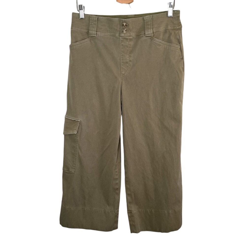 Spanx Womens Olive Green Stretch Twill Cropped Wide Leg Pants Size Large 20686q